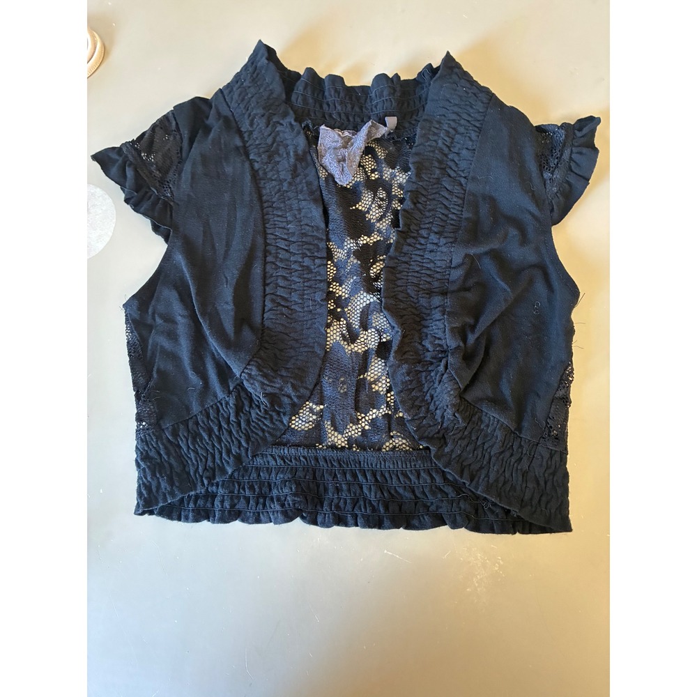 Girls Black Lace Back Shrug Ruffle Trim Smocked Hem Bolero Cardigan Large